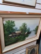 A modern oil of river scene with wooden boats and straw shacks - possibly Thailand, signed bottom le