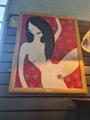 A modern oil of naked lady with long hair. One other small picture and an oval mirror