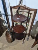 A 3 tier cake stand, a copper horn and 2 other items