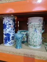 A Chinese blue and white cylindrical vase decorated Dogs of Fo and three other items