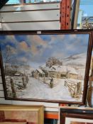 A modern oil by David Barber of wintery landscape with barns, dated 2001
