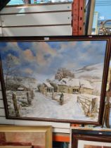 A modern oil by David Barber of wintery landscape with barns, dated 2001