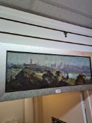 Leeka Gruzdeff, a modern panoramic oil of Melbourne sky line, unsigned, 66cm x 22cm