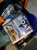 A box of boating related items and a quantity of Boat magazines, mainly 2019 onwards