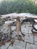 An outdoor table, wooden and two wooden stools, AF