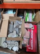 A carton of OO gauge railway items to include buildings and a quantity of N gauge building kits