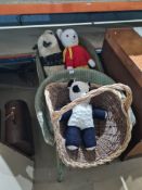 Three cuddly toys, 2 chairs and a wicker log basket