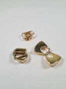Two pairs of 9ct yellow gold earrings, one a pair in the form of handbags, a pair of huggles and one