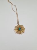 9ct yellow gold turquoise and seed pearl spider web pendant hung on yellow metal chain, unmarked pro