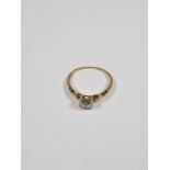 14ct yellow gold ring with square panel inset round cut diamond, band worn, marked 14K. size L, appr