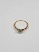 14ct yellow gold ring with square panel inset round cut diamond, band worn, marked 14K. size L, appr