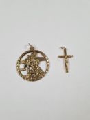 9ct yellow gold circular St Christopher pendant marked 375, and a small 9ct crucifix pendant, marked