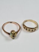 9ct yellow gold band ring, AF, stones missing, and another 9ct gold ring both marked, size S & M, ap