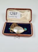 Art Nouveau 15ct gold pendant with large blister pearl and turquoise, possibly Murrle Bennett hung o