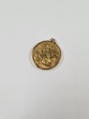 9ct gold mounted 22ct gold full Sovereign, dated 1909 Edward VII & George & The Dragon, mount marked