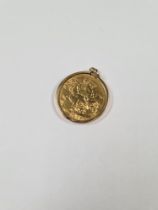 9ct gold mounted 22ct gold full Sovereign, dated 1909 Edward VII & George & The Dragon, mount marked