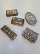 A quantity of silver and white metal pretty trinket boxes of larger style. A heavily embossed exampl