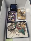 Quantity of mixed costume jewellery including hat pins, silver and other white metal, watches, earri