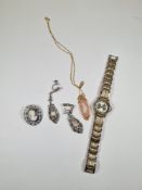 9ct fine gold ropetwist necklace, hung pink Wedgwood cameo, marcasite earrings, brooch etc