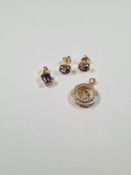 Pair 9ct amethyst earrings, 9ct old pendant with amethyst and 9ct gold pendant with spinning mechani