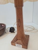 Robert Mouseman Thompson, an old carved oak table lamp on square base, possibly 1970s