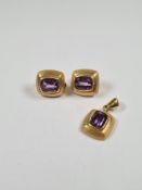 18ct yellow gold earrings, set with rectangular amethyst with matching 18ct gold pendant all marked