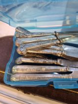 A Set of six silver fruit knives by John Roberts. Also with silver handled knives by Walker and Hall