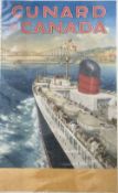 An original vintage travel poster titled Cunard to Canada" after C E Turner, loose on board 63.5cm x