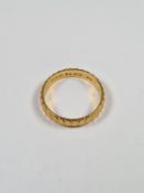 22ct yellow gold wedding band with all over diamond texture, marked 22, size K, 2.84g approx, BW & S