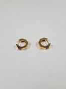 Pair of 18ct gold octagonal hoop earrings each set princess cut amethyst, marked 750, approx 7g