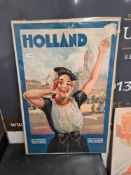 An original Holland travel poster of lady singing in front of buildings and market, loose on board p