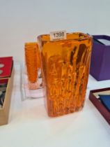 Whitefriars, a textured orange vase designed by Geoffrey Baxter and 4 other items with bark decorati