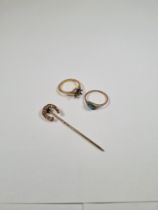 18ct yellow gold ring, AF, no stone, approx 3.2g, an antique 9ct and silver ring set with a square c