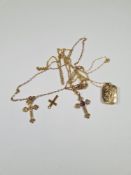 Three fine 9ct gold neck chains, 3 hung with pendants and a 9ct gold cross pendant, approx 6g