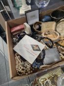 Tray of mixed vintage and later costume jewellery including silver brooches, simulated pearls, cuffl