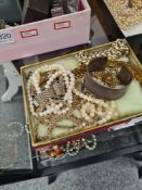 Tray of vintage costume jewellery including pewter bangle Bulova Quartz Super Seville wristwatch, et