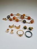 Hardstone necklace with yellow metal clasp, Cloisonné ring, etc