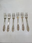 A set of six small forks having embossed, decorative handle. Stamped Thailand Silver. 2.76ozt approx