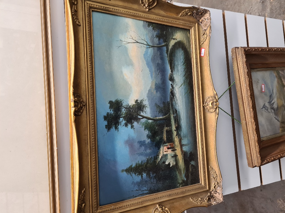 Two old oil paintings of landscapes and two watercolours