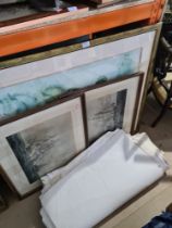 A selection of pictures and prints, one depicting horses and ships and a quantity of rolled Ordnance