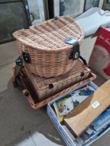 A wicker picnic basket, a quantity of post 1950 postcards and sundry