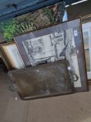 A selection of pictures and prints including a brass tray