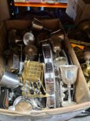Two boxes of mixed metalware mainly brass and silver plate