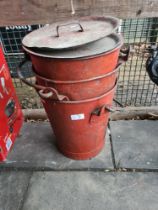 Three galvanised fire buckets with lids