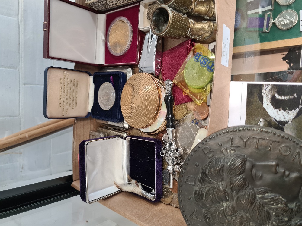 A mixed lot of collectables, to include Vesta's, coins, compacts, rattles and similar