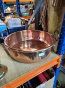 A copper two handled preserving pan and other metalware
