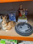 A Yardley's Lavender figure group, an old blue and white triangular shaped vase and two other items