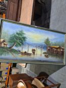 A late 20th century oil of waterway with boats and shacks and one other picture of cottage in river