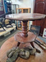 A Victorian mahogany octagonal 2 tier table, having turned pillar on tripod base, 67.5cm