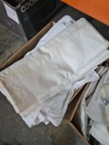 Three cartons of vintage linen, lace and similar to include 3 aprons and other garments